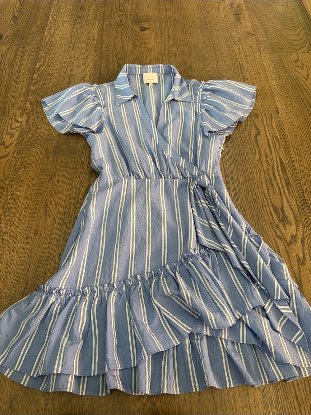 cinq a sept Blue and White Striped Wrap Dress with Ruffle Hem